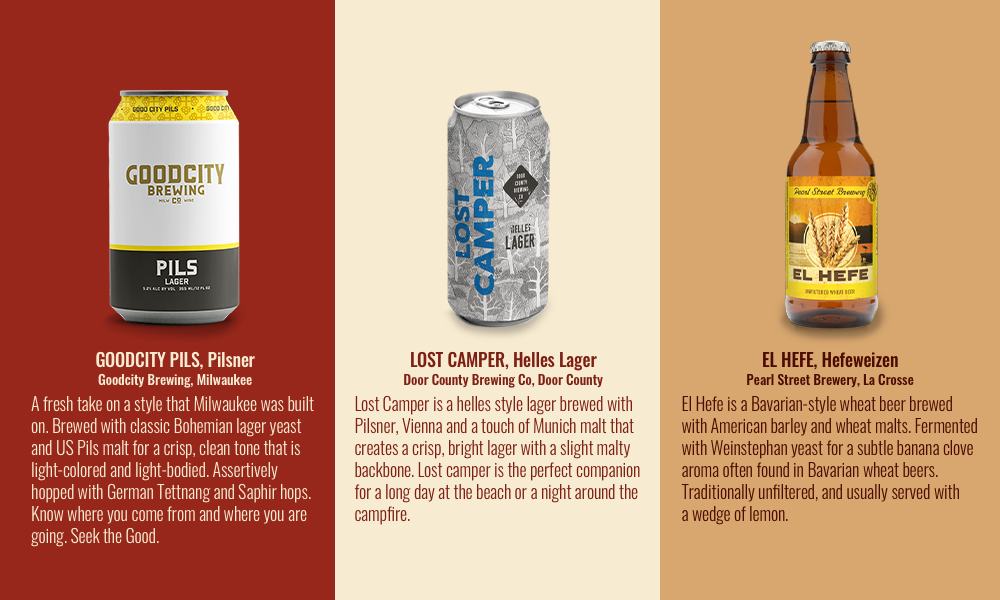 Light beers: Good City Pils, Lost Camper, and El Hefe