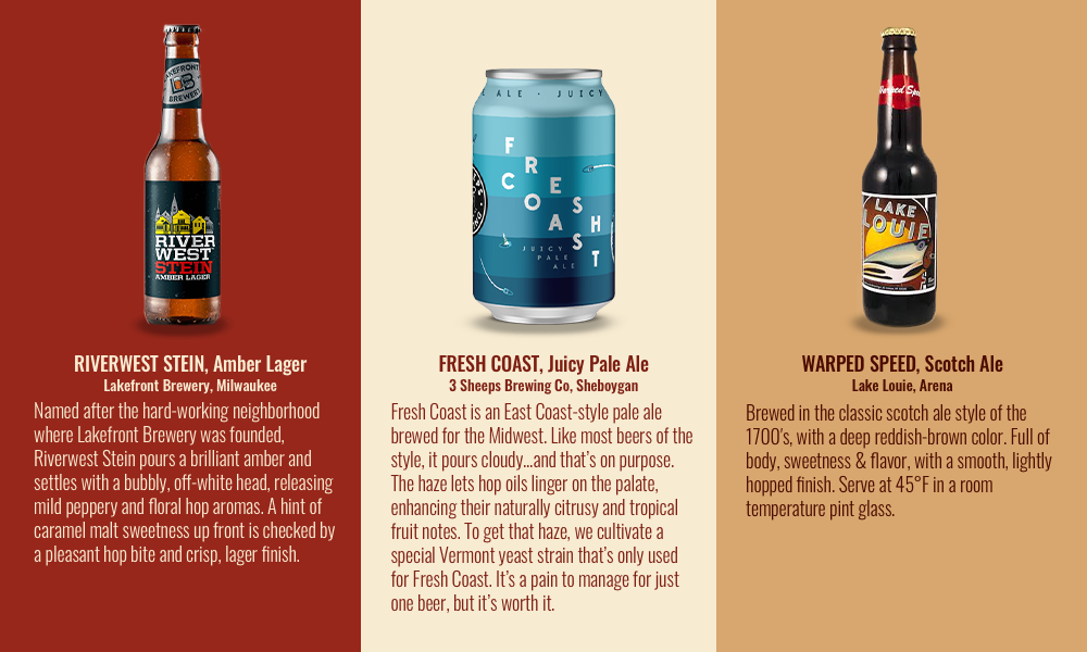 Medium beers: Riverwest Stein, Fresh Coast, and Warped Speed